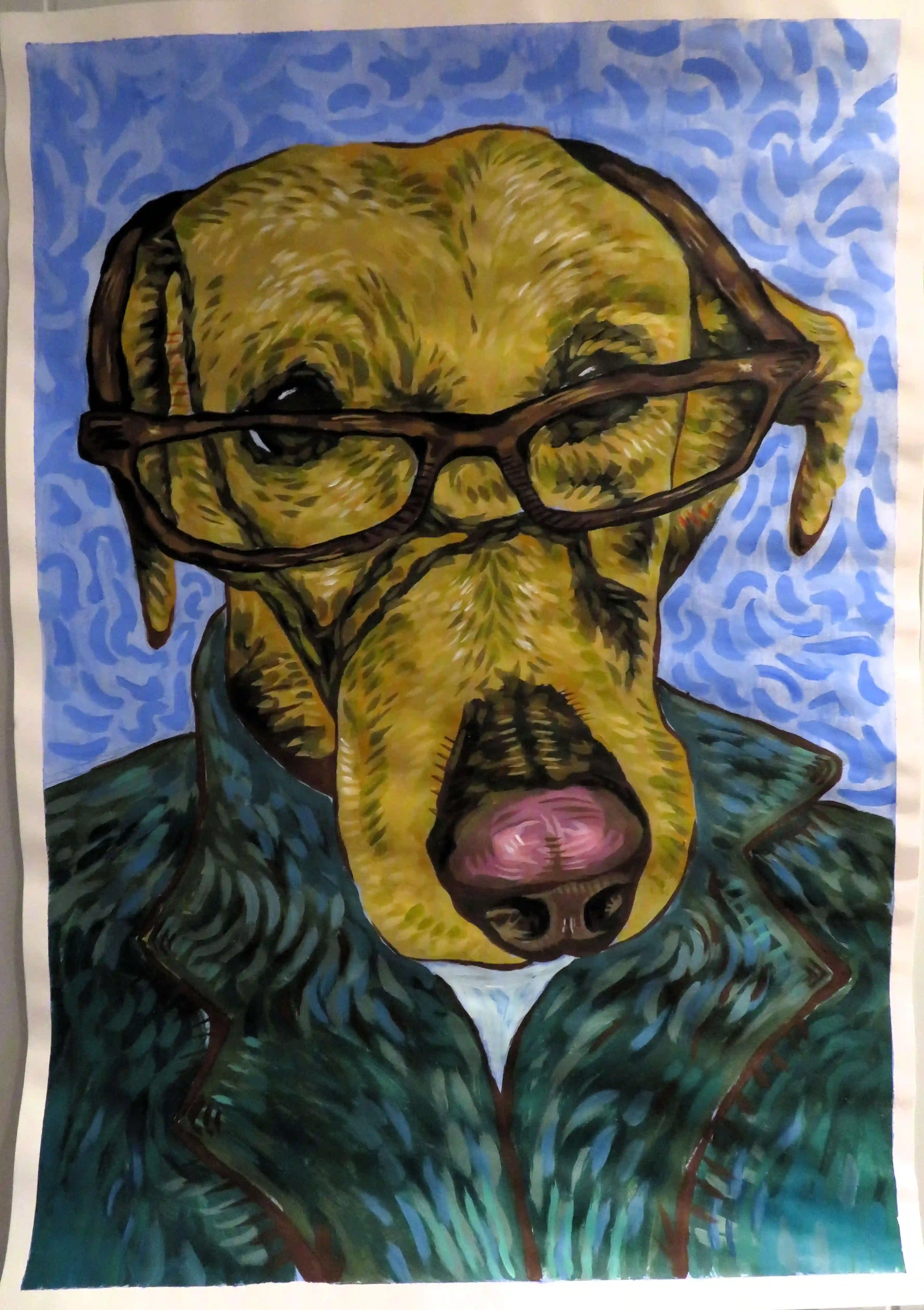 A Van Gogh style painting of a dog wearing glasses and a green coat